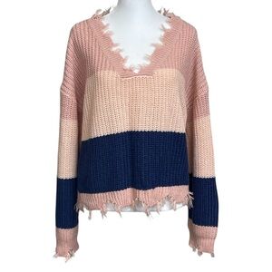 Derek Heart Colorblock V-Neck Frayed Cropped Sweater Women’s Size Large